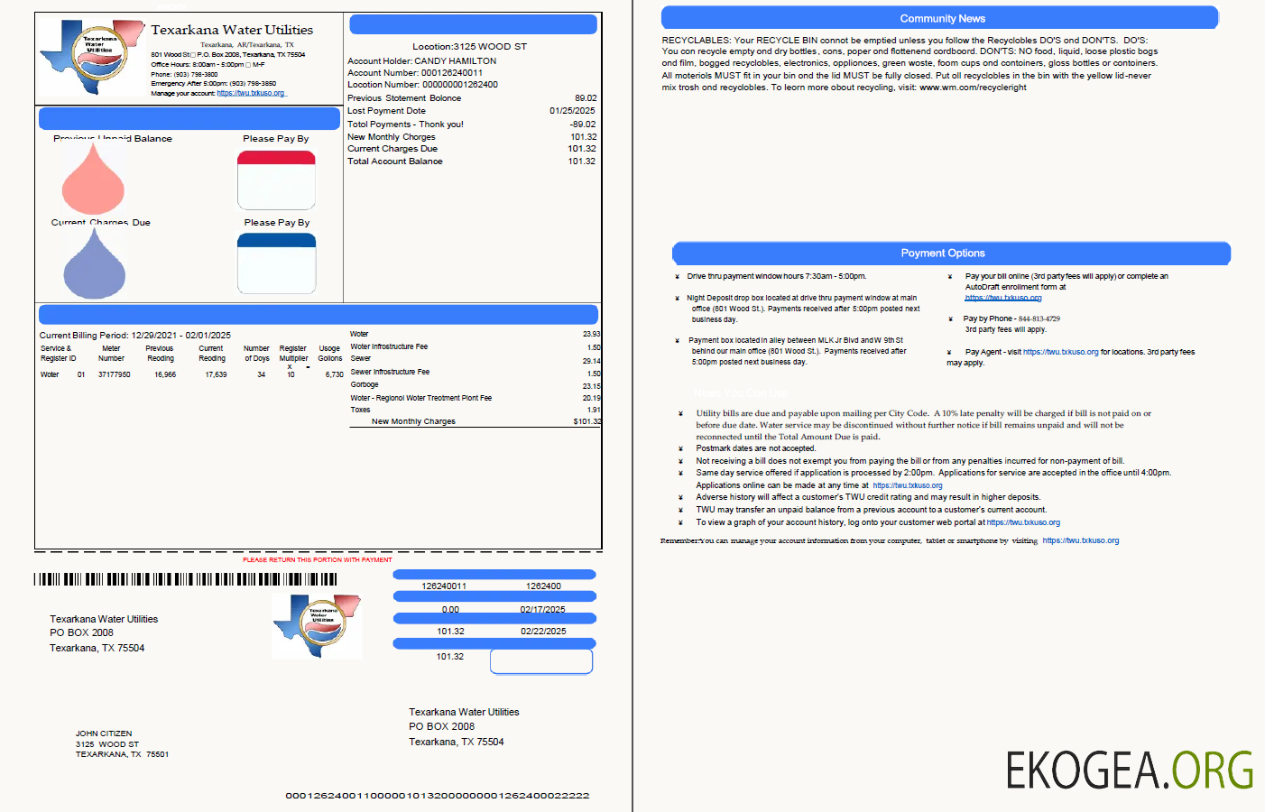 USA Texarkana water utilities utility bill template in Word and PDF formats, 2 pages